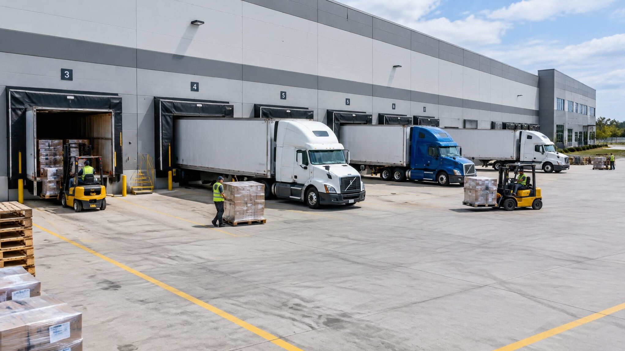 Delivery trucks loading at a distribution warehouse dock