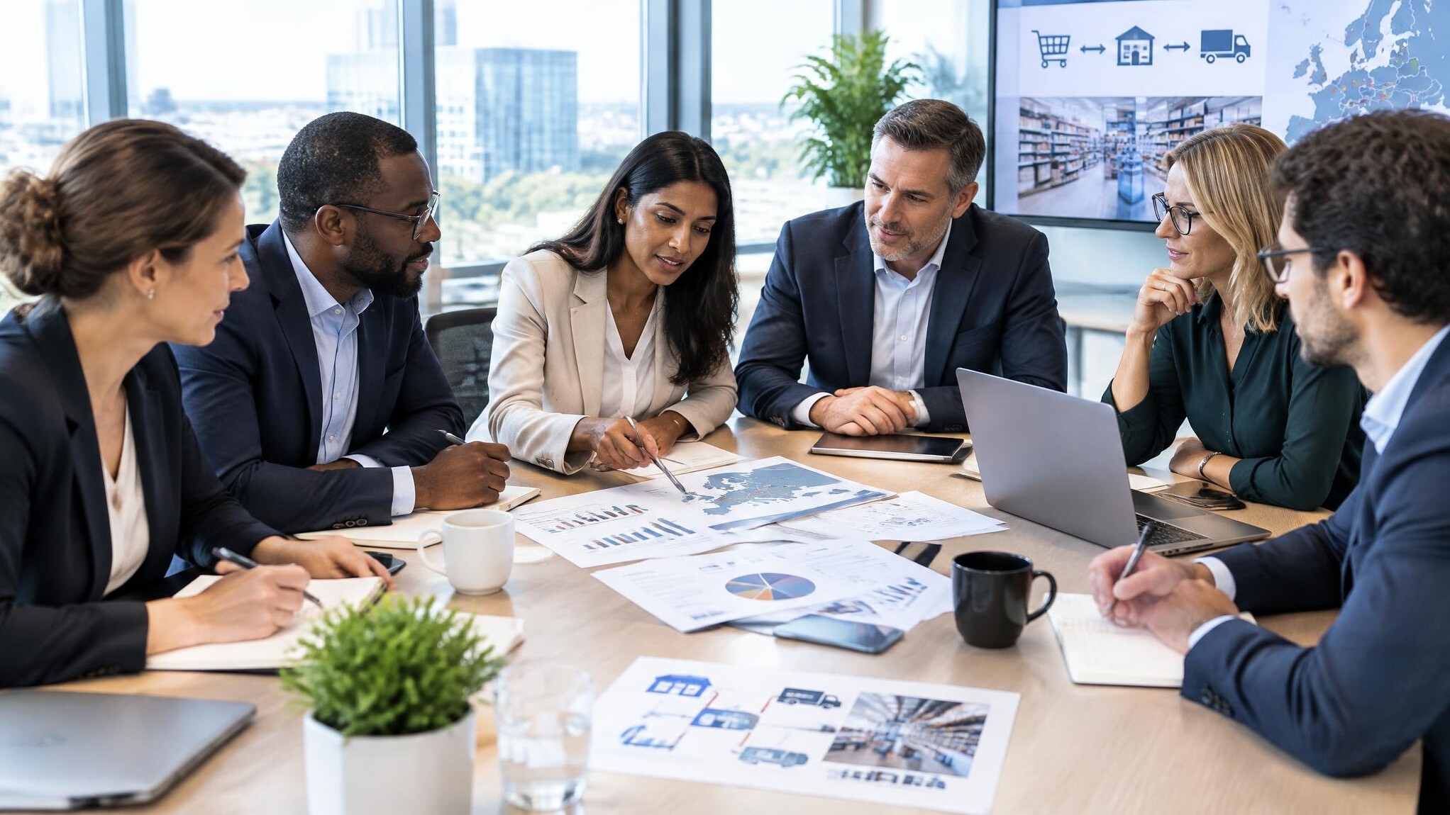 Diverse professionals discussing retail distribution at a conference table