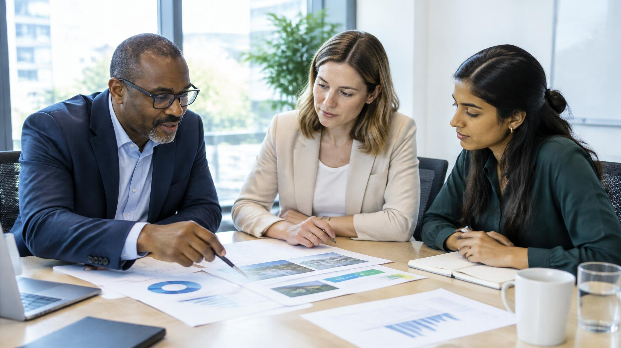 Colleagues discussing strategy around a table with documents