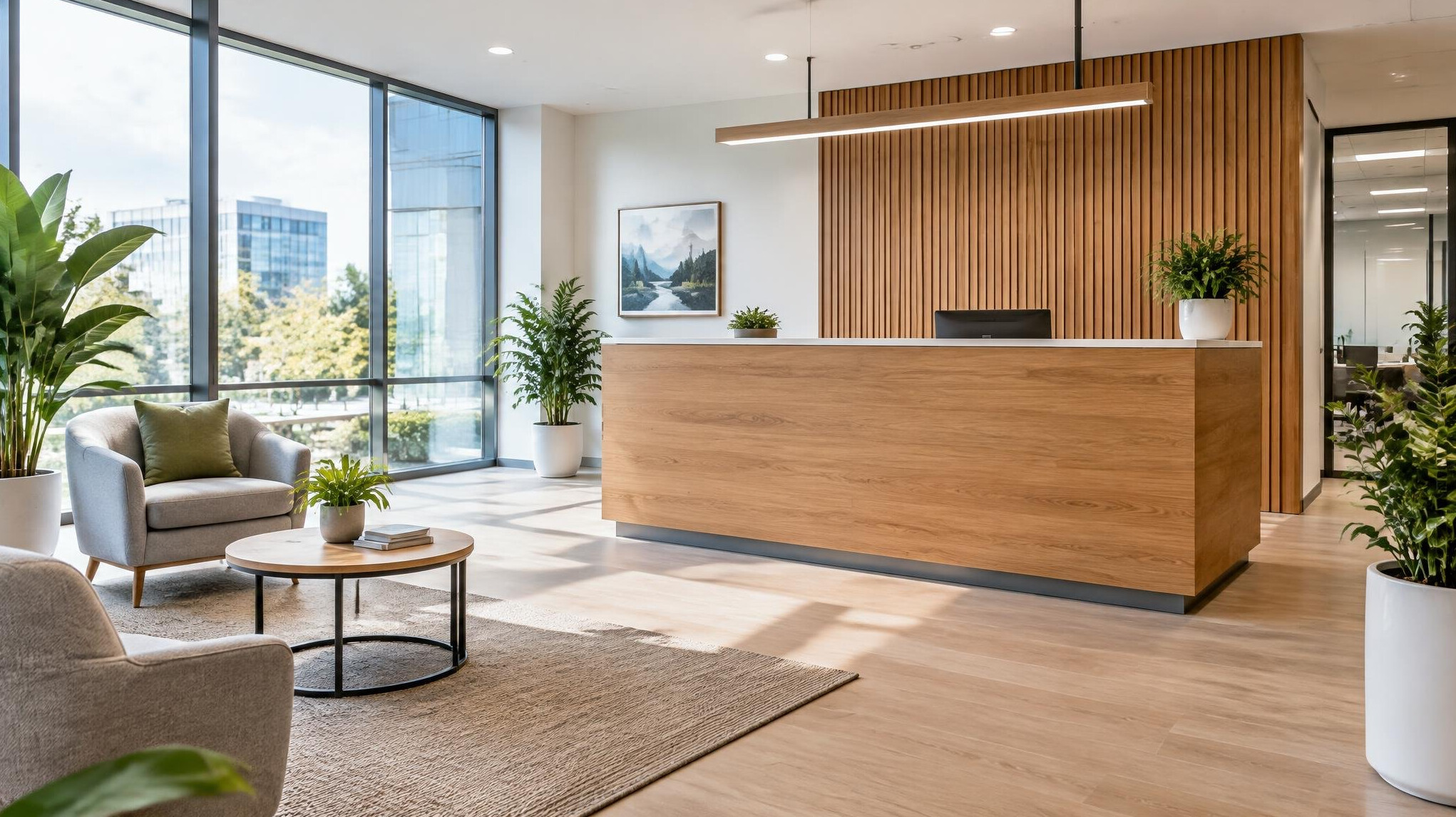 Reception desk at a modern office entrance